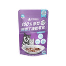 紫色包裝，印有黑白柴犬圖案，展示30克100%原型鮮蝦丁凍乾寵物零食.