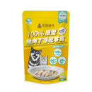 黃色包裝100%原型雞肉丁凍乾寵物零食，正面印有柴犬圖案與產品資訊.