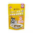 黃色包裝，正面有黑白狗狗圖案，展示100%原型雞肉塊凍乾零食40g包裝.