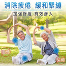 銀髮夫妻戶外伸展，標示肩膀、腰部與膝蓋疼痛部位，背景陽光草地.