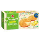 義美法蘭酥清甜檸檬口味餅乾，綠色包裝，印有檸檬圖片和法式餅乾特寫.