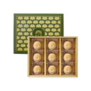 金沙綠豆椪禮盒內含六入，每顆綠豆椪金黃酥脆，包裝採用綠色復古風格盒子.