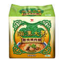 統一滿漢大餐蔥燒豬肉麵三入包裝，綠黃色調帶傳統花紋設計.