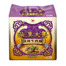 統一滿漢大餐珍味牛肉麵三入包裝，紫金色調配以牛肉麵圖片.