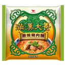 綠色包裝滿漢大餐蔥燒豬肉泡麵，豬肉塊與蔥花湯麵圖案.
