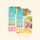 貓用鮮肉主食糧咕咕雞口味800克，包裝展示雞肉與蔬菜圖片貓用鮮肉主食糧牛肉鱈魚口味800克，包裝展示牛肉與魚肉圖片.