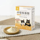 汪喵星球犬貓紓壓胺基酸粉末包裝與木碟裝粉末，黃白色調貓狗插畫設計.
