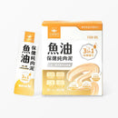 汪喵星球魚油保健純肉泥20包裝，橘白色外盒與單包，3合1配方標示.