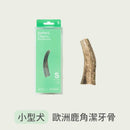 綠色包裝小型歐洲鹿角潔牙骨與天然粗糙鹿角潔牙骨單支展示.