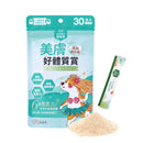 毛孩美膚好體質賞30包裝含六大營養素粉末補充劑，綠白色包裝插畫毛孩頭髮飄逸.