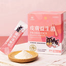 粉紅色包裝皮膚益生菌粉末，搭配黑白貓狗插畫，盒裝含30包.