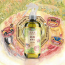 古寶無患子寶寶好睡劍獅招福平安淨化噴霧300g，綠色瓶身，附透明噴頭，背景有三隻彩繪劍獅圖案.