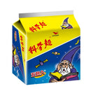 統一科學麵原味五入包裝，藍黃配色，包裝上有戴帽老教授卡通圖案.