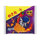 統一科學麵香辣風味包裝，黃色與紫色拼接，火焰與太空人手持辣椒圖案.