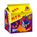 統一科學麵香辣風味五入包裝，紫黃底色搭配辣椒與火焰圖案.