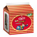 統一蔥燒牛肉麵五入裝，紅黃條紋包裝，中央圓形插畫與品牌標誌.