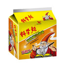 黃色包裝科學麵香蔥雞汁風味五入裝，卡通老者形象顯眼.