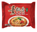 維力素飄香麻辣燙風味泡麵包裝，紅色封面，中央有碗裝辣味泡麵圖案，標示全素標誌.