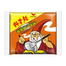 統一科學麵香蔥雞汁風味包裝，橘黃色調，插圖為穿紅袍的老者彈奏樂器.
