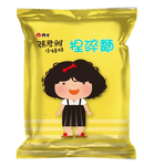 黃底包裝維力張君雅小妹妹捏碎麵，卡通女孩圖案，藍色字樣.