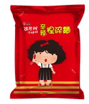紅色包裝維力張君雅小妹妹辛辣捏碎麵，中央卡通女孩形象，黃字辛辣捏碎麵.