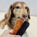 棕色長毛犬對兩款關東煮烘乾狗零食表現出興趣，手持橘色燕麥魚板與黑色芝麻豬血糕款.