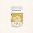 白色塑膠瓶裝犬貓益菌保健粉，黃色標籤帶可愛貓咪插畫.