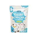 藍白色包裝生乳優格凍乾犬貓零食，可愛熊貓插畫，標示純濃羊奶口味.
