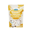 黃色調包裝，印有生乳優格凍乾字樣，卡通貓狗跳舞圖案，寵物零食包裝50克.