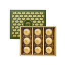 裕珍馨綠豆椪禮盒，綠色精美包裝，內含九入金黃色滷肉綠豆椪糕點.