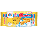 孔雀咖啡口味捲心餅63克，包裝黃色帶咖啡杯和捲餅圖案.