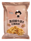 維力張君雅小妹妹黑胡椒牛排拉麵條餅65克粉色包裝，顯示辣味拉麵條形脆餅與黑胡椒牛排圖案.