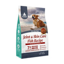 【毛孩時代】7+熟齡犬鮮魚肉低磷關節犬糧1.5kg包裝，深藍白色設計，前方有快樂奔跑黃金獵犬圖片.