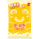 黃色包裝彎曲煉乳口味脆果餅乾，包裝上有微笑臉形狀餅乾圖案.
