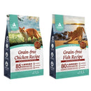 【毛孩時代】80%鮮魚肉無穀全貓糧1.5kg包裝，深藍綠色包裝搭配貓咪自然背景，強調皮膚保健配方.