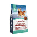毛孩時代85%鮮魚肉無穀全犬糧1.5kg包裝，藍綠色袋身，展示活力金毛犬跑步圖案.