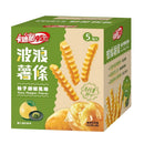 卡迪那95℃波浪薯條柚子胡椒風味90克綠色包裝，柚子與胡椒圖案.