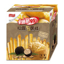 卡迪那95℃松露風味薯條90克金色包裝，前景有整顆及切片松露和薯條示意圖.