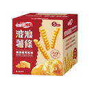 紅色包裝雙濃起司風味波浪薯條盒，顯示五包裝及薯條和起司塊圖案.