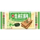 義美海苔煎餅包裝，96克，綠色包裝配海苔與餅乾圖案.
