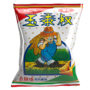 紅白包裝華元玉黍叔漢堡口味餅乾，卡通玉米叔叔穿藍色吊帶褲，50克裝.
