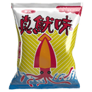 華元真魷味紅燒口味50g包裝，黃色與白色條紋，紅色魷魚插圖設計.