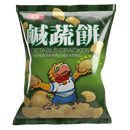 華元鹹蔬餅綠色包裝，卡通鴨子形象，展示多片鹹蔬蔬菜脆餅.