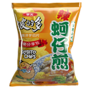 華元波的多蚵仔煎辣味洋芋片包裝，橙黃色袋身配蚵仔煎圖片.