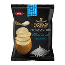 華元波的多洋芋片鹽之花風味，黑色包裝，洋芋片及鹽花圖案.