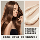 左側顯示一位女士，長髮柔順光澤，身穿黑色無肩帶上衣；右側展示乳霜狀護髮產品質地。文字強調「天天洗也可以」、「染燙後更加需要」，並描述「療癒香氛、輕盈滋養、沙龍級感官之旅」。