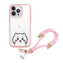 粉紅繩扣配有可愛白色吉伊卡哇公仔手機掛繩，透明保護殼包覆手機.