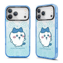 藍色邊框磁吸款iPhone手機殼，前後視角，印有可愛小八貓插畫與HACHIWARE字樣.