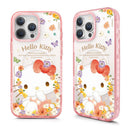 粉色邊框Hello Kitty花田漫步磁吸式iPhone保護殼，配花卉與蝴蝶圖案.