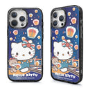 深藍色磁吸款Hello Kitty手機殼，卡通風格放天燈設計，白色Hello Kitty抱著熊熊玩偶.